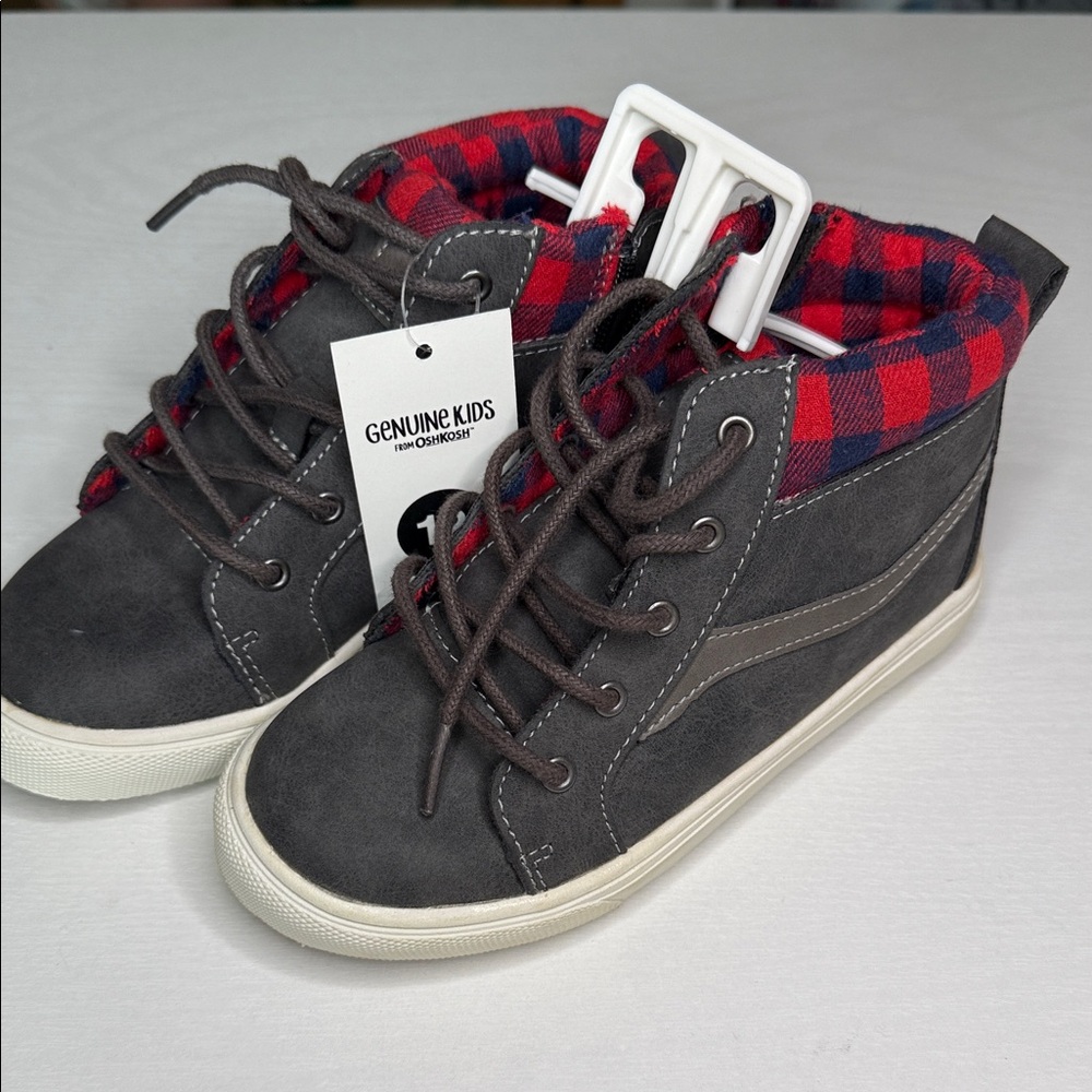 Oshkosh Genuine Kids Lace Up Casual Plaid Accent Zip Sneakers Gray New Boys 12